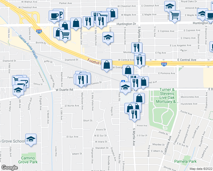 map of restaurants, bars, coffee shops, grocery stores, and more near 333 West Duarte Road in Monrovia