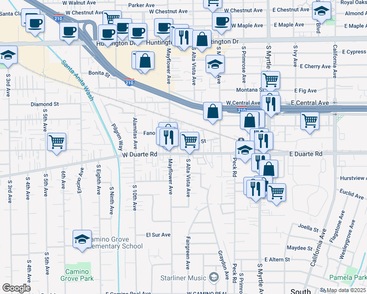 map of restaurants, bars, coffee shops, grocery stores, and more near 405 West Duarte Road in Monrovia