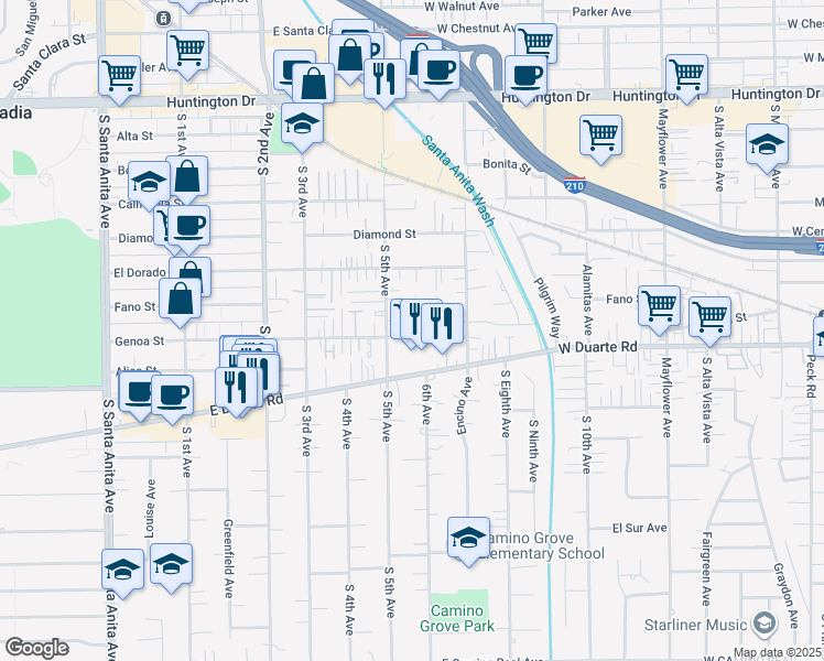 map of restaurants, bars, coffee shops, grocery stores, and more near 990 Genoa Street in Monrovia