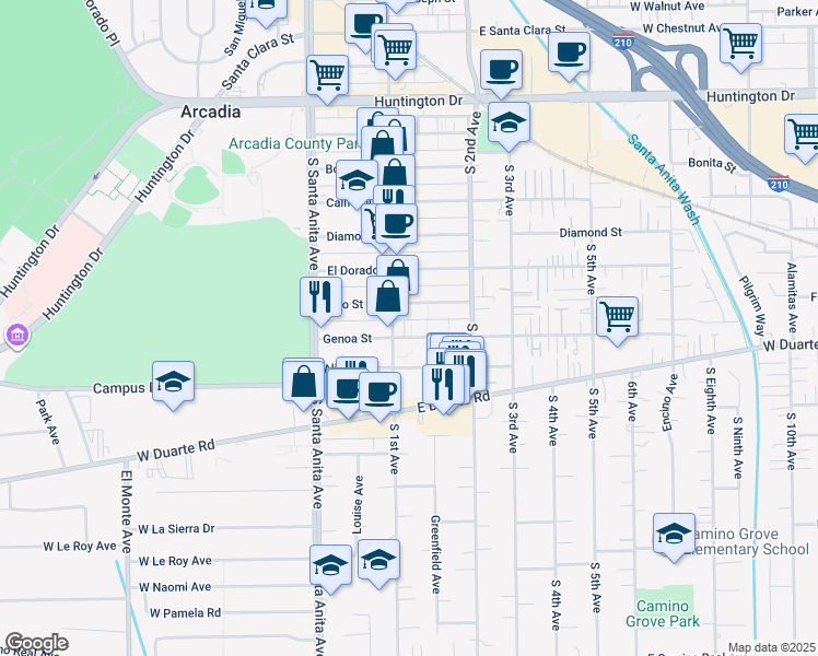 map of restaurants, bars, coffee shops, grocery stores, and more near 115 Genoa Street in Arcadia