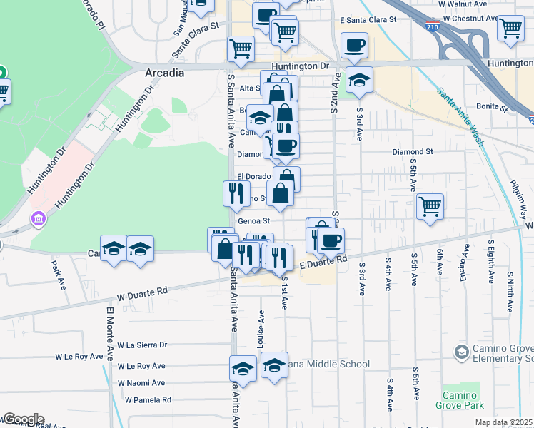 map of restaurants, bars, coffee shops, grocery stores, and more near 53 Genoa Street in Arcadia