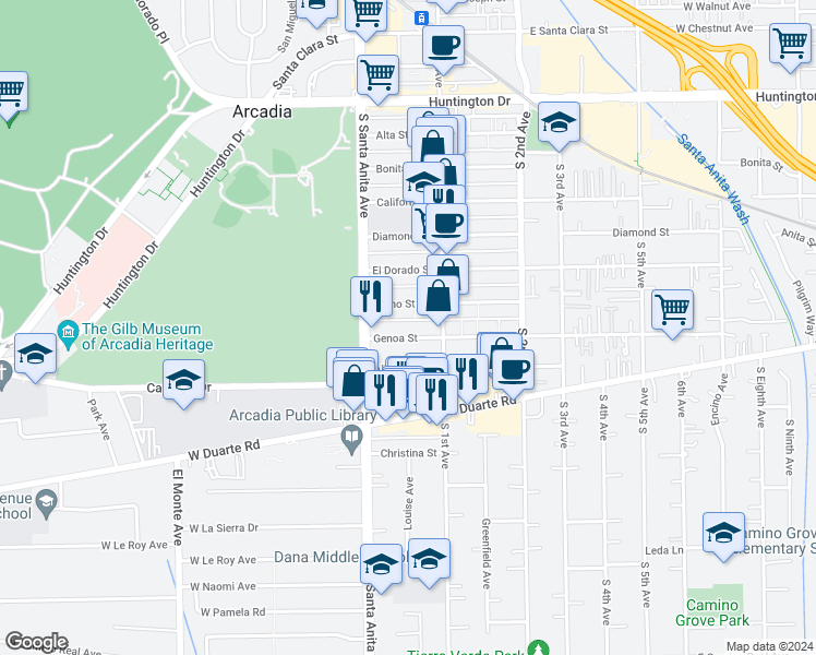 map of restaurants, bars, coffee shops, grocery stores, and more near 53 Genoa Street in Arcadia