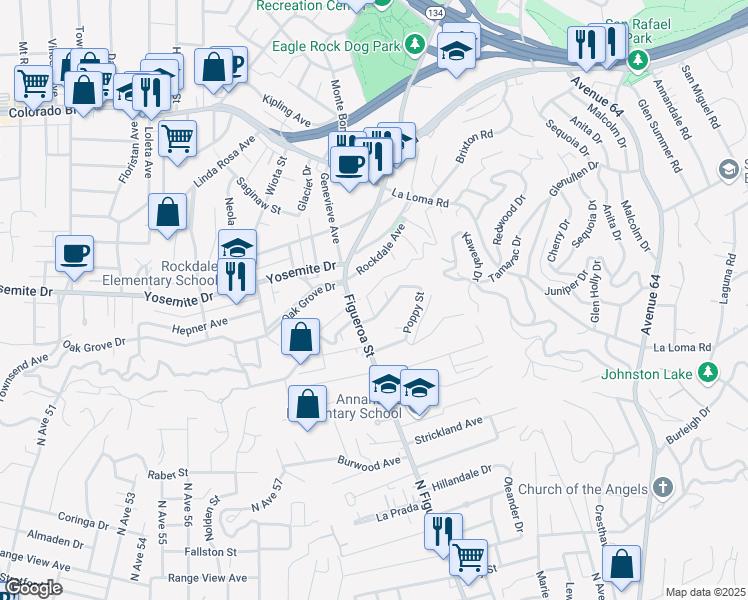 map of restaurants, bars, coffee shops, grocery stores, and more near 6130 Buena Vista Terrace in Los Angeles