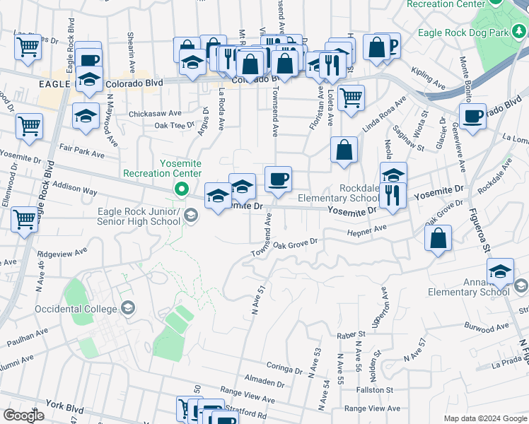 map of restaurants, bars, coffee shops, grocery stores, and more near 4742 Townsend Avenue in Los Angeles