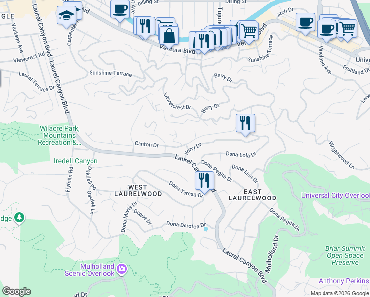 map of restaurants, bars, coffee shops, grocery stores, and more near 3222 Berry Drive in Los Angeles
