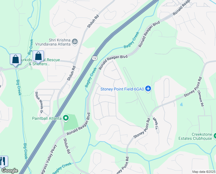 map of restaurants, bars, coffee shops, grocery stores, and more near 2740 Cezanne Lane in Cumming