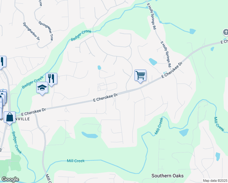 map of restaurants, bars, coffee shops, grocery stores, and more near 128 East Ridge Way in Woodstock