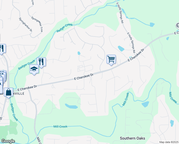 map of restaurants, bars, coffee shops, grocery stores, and more near 2095 East Cherokee Drive in Woodstock