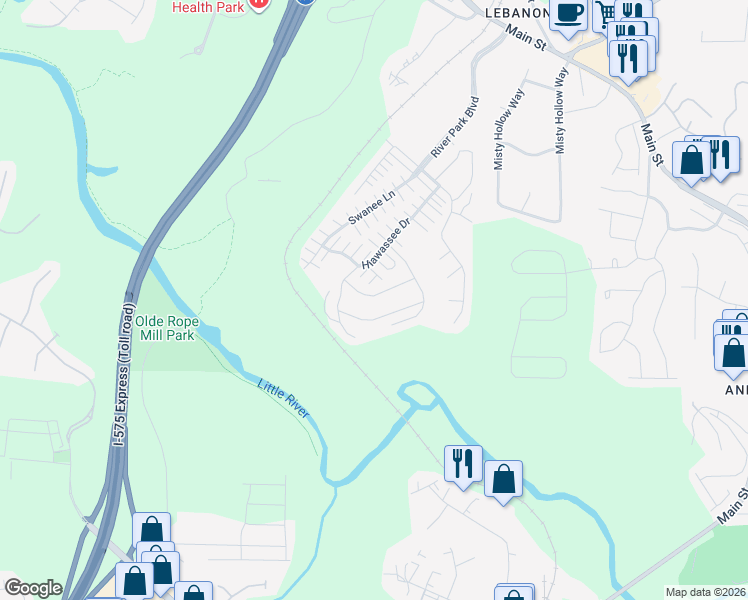 map of restaurants, bars, coffee shops, grocery stores, and more near 416 Chatooga Lane in Woodstock