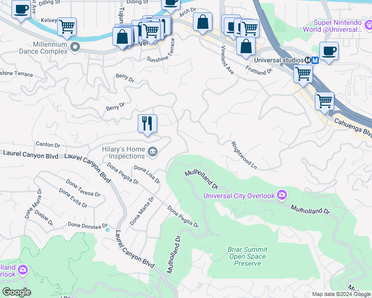 map of restaurants, bars, coffee shops, grocery stores, and more near 3351 Wrightwood Drive in Los Angeles