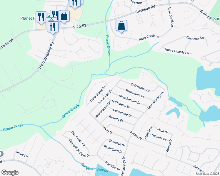 map of restaurants, bars, coffee shops, grocery stores, and more near 168 Cane Brake Drive in Columbia