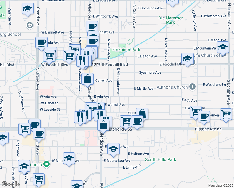 map of restaurants, bars, coffee shops, grocery stores, and more near 249 South Minnesota Avenue in Glendora