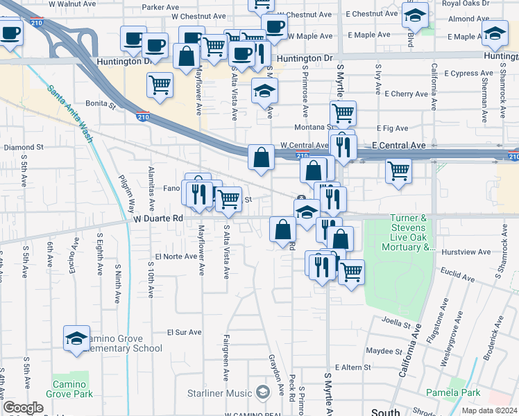 map of restaurants, bars, coffee shops, grocery stores, and more near 312 Genoa Street in Monrovia