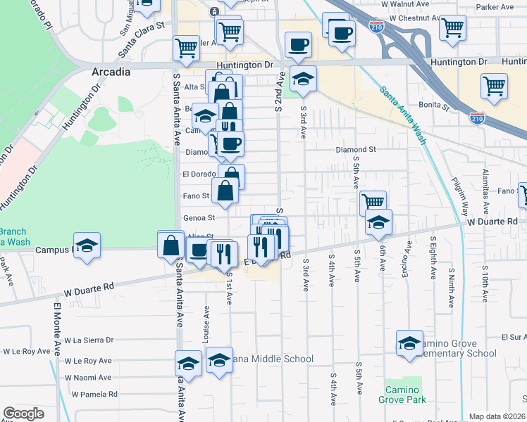 map of restaurants, bars, coffee shops, grocery stores, and more near 151 Genoa Street in Arcadia