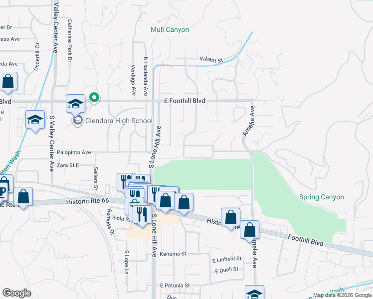 map of restaurants, bars, coffee shops, grocery stores, and more near 2026 Pinehurst Street in Glendora