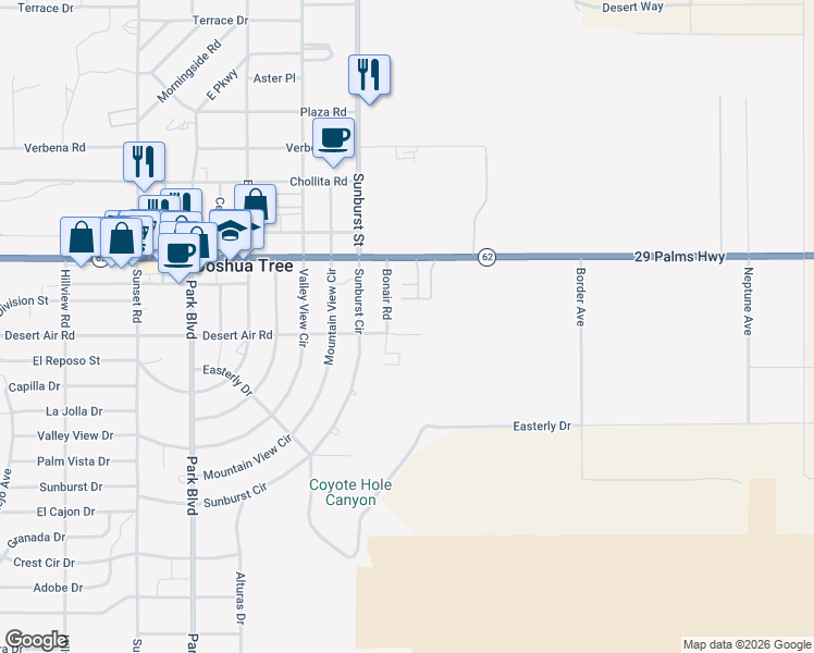 map of restaurants, bars, coffee shops, grocery stores, and more near 62001 Bonair Road in Joshua Tree