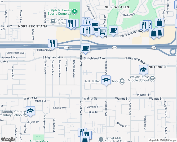 map of restaurants, bars, coffee shops, grocery stores, and more near 16208 Lumia Way in Fontana