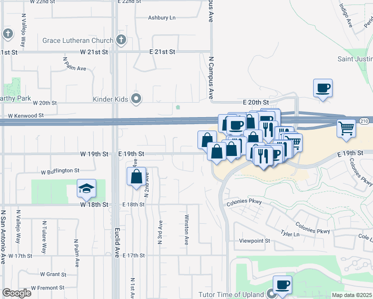 map of restaurants, bars, coffee shops, grocery stores, and more near 454 Miramar Street in Upland