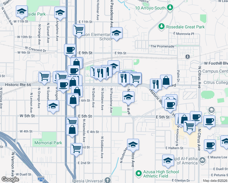 map of restaurants, bars, coffee shops, grocery stores, and more near 624 North Pasadena Avenue in Azusa
