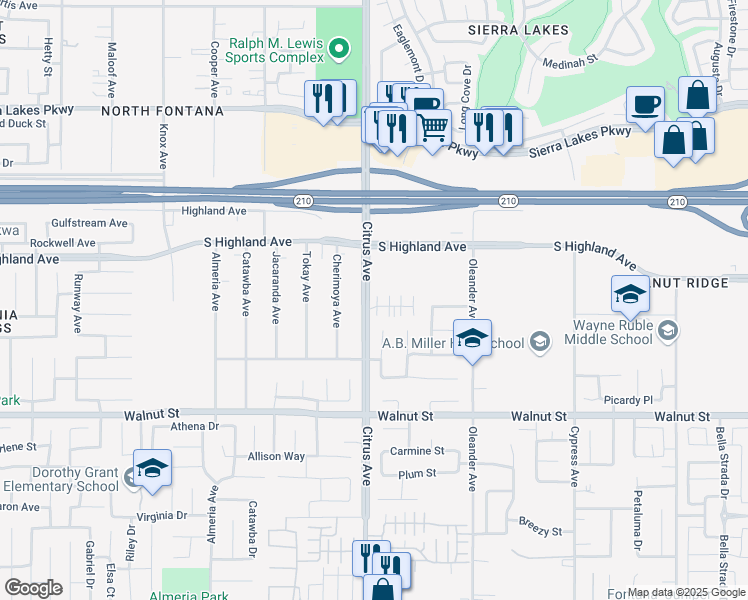 map of restaurants, bars, coffee shops, grocery stores, and more near 16120 Lumia Way in Fontana