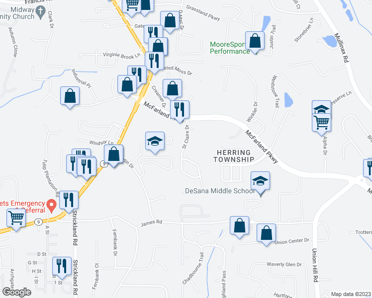 map of restaurants, bars, coffee shops, grocery stores, and more near 327 Saint Claire Drive in Alpharetta