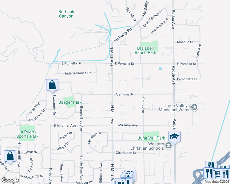 map of restaurants, bars, coffee shops, grocery stores, and more near 3510 North Mills Avenue in Claremont