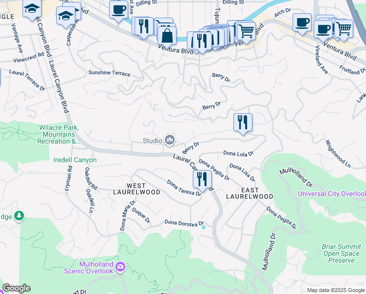 map of restaurants, bars, coffee shops, grocery stores, and more near 3222 Berry Drive in Los Angeles