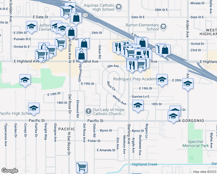 map of restaurants, bars, coffee shops, grocery stores, and more near 6666 Roca Circle in San Bernardino