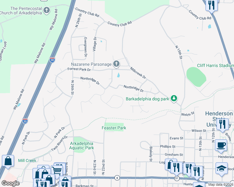 map of restaurants, bars, coffee shops, grocery stores, and more near 29 Timber Ridge Circle in Arkadelphia