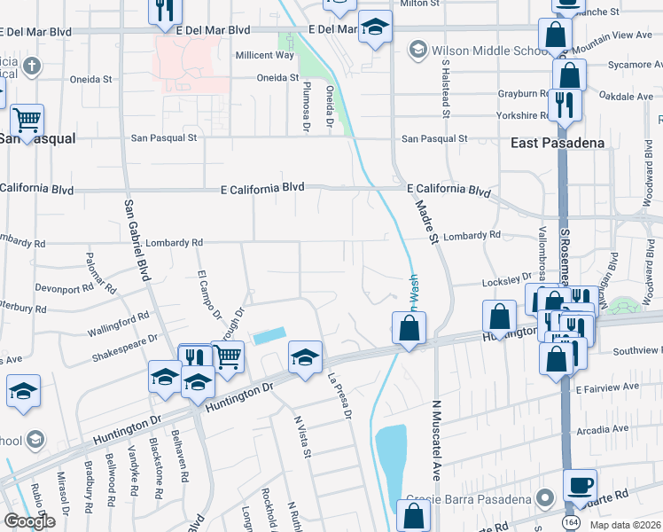 map of restaurants, bars, coffee shops, grocery stores, and more near 3275 Orlando Road in Pasadena