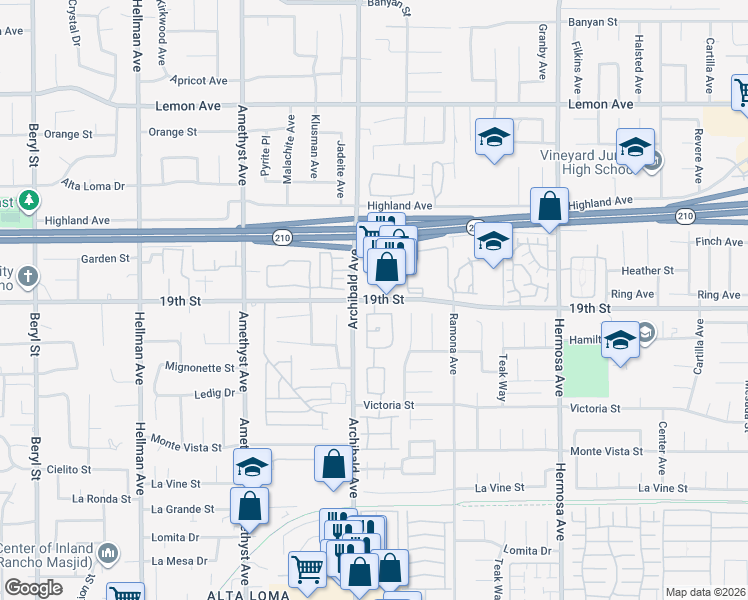 map of restaurants, bars, coffee shops, grocery stores, and more near 8990 19th Street in Rancho Cucamonga