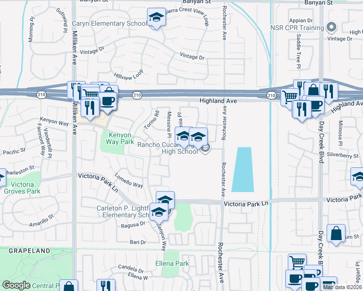 map of restaurants, bars, coffee shops, grocery stores, and more near 11827 Modena Drive in Rancho Cucamonga