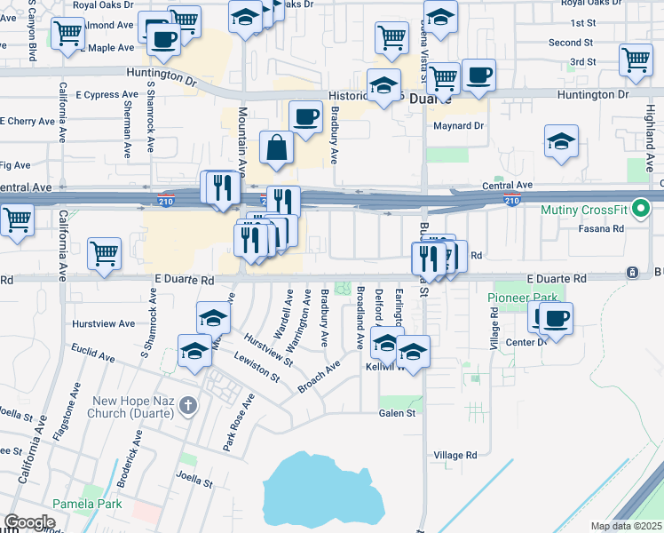 map of restaurants, bars, coffee shops, grocery stores, and more near 1102 3 Ranch Rd in Duarte