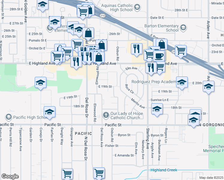map of restaurants, bars, coffee shops, grocery stores, and more near 6676 Osbun Road in San Bernardino