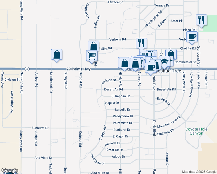 map of restaurants, bars, coffee shops, grocery stores, and more near 61498 Desert Air Road in Joshua Tree
