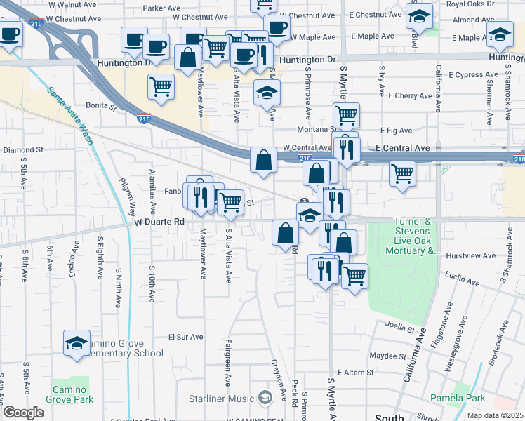 map of restaurants, bars, coffee shops, grocery stores, and more near 312 Genoa Street in Monrovia
