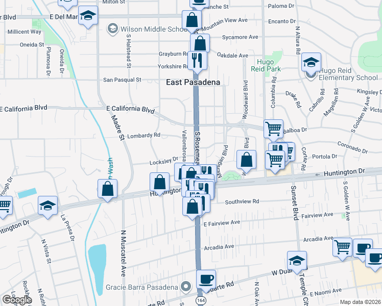 map of restaurants, bars, coffee shops, grocery stores, and more near 3675 Locksley Drive in Pasadena