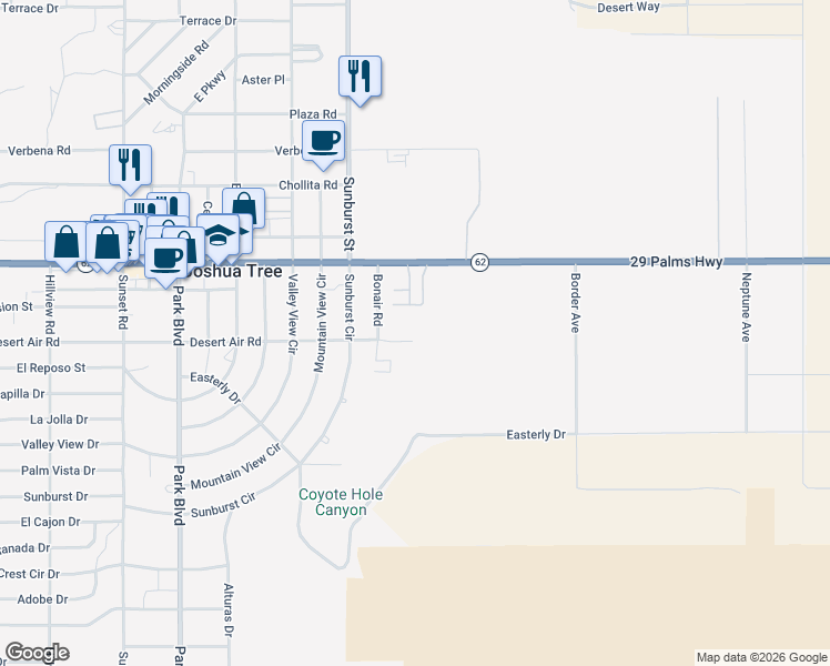 map of restaurants, bars, coffee shops, grocery stores, and more near 62005 Bonair Road in Joshua Tree