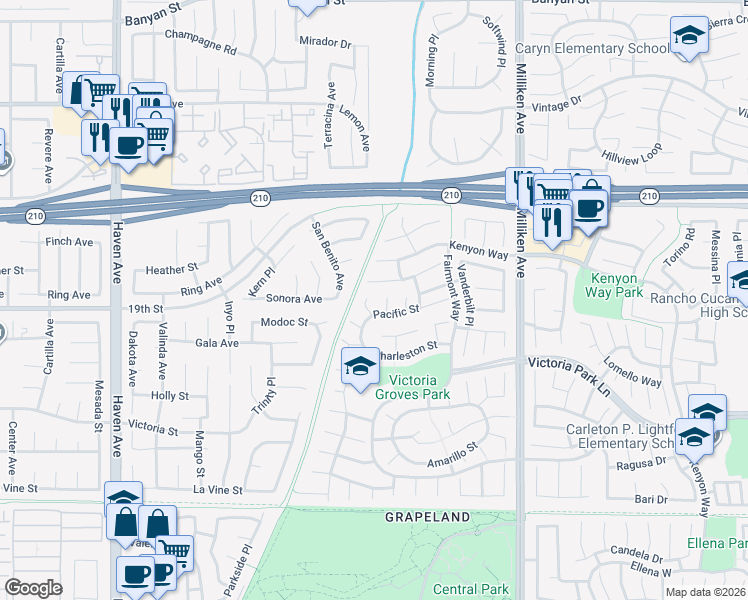 map of restaurants, bars, coffee shops, grocery stores, and more near 6589 Salem Court in Rancho Cucamonga