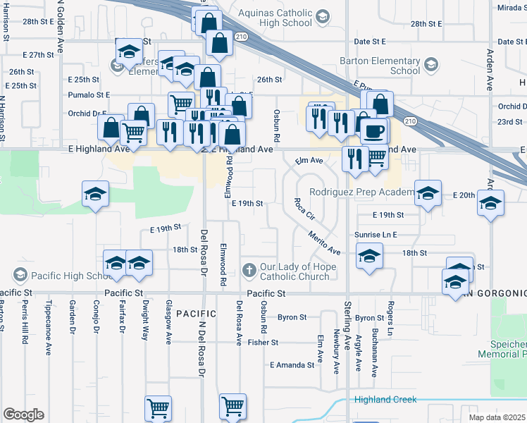 map of restaurants, bars, coffee shops, grocery stores, and more near 6676 Osbun Road in San Bernardino