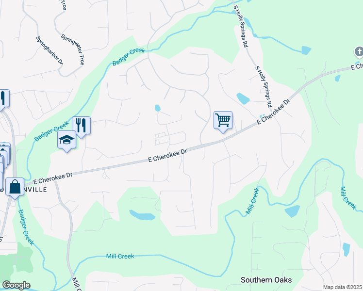 map of restaurants, bars, coffee shops, grocery stores, and more near 128 East Ridge Way in Woodstock