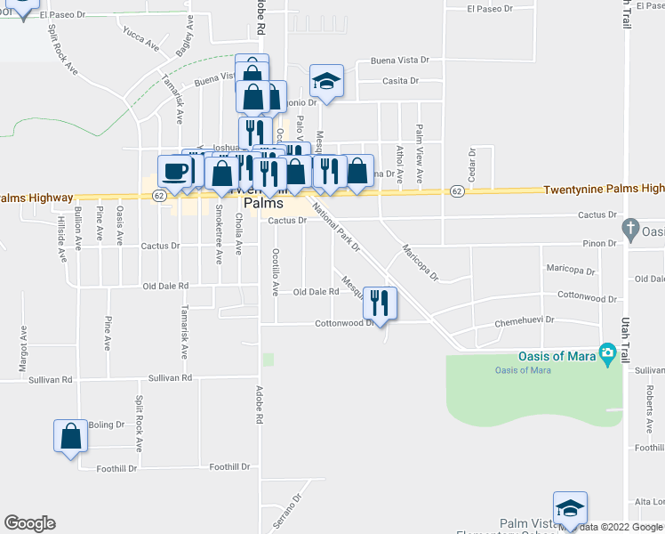 map of restaurants, bars, coffee shops, grocery stores, and more near 6605 Mesquite Drive in Twentynine Palms