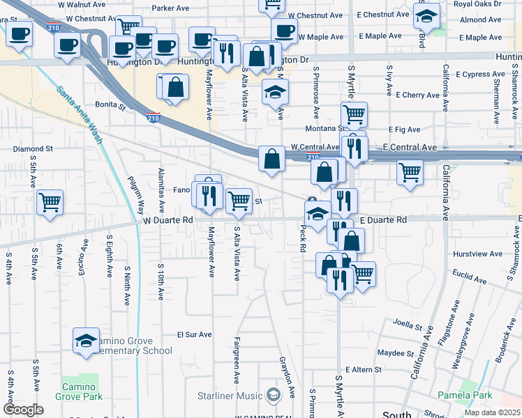 map of restaurants, bars, coffee shops, grocery stores, and more near 333 West Duarte Road in Monrovia