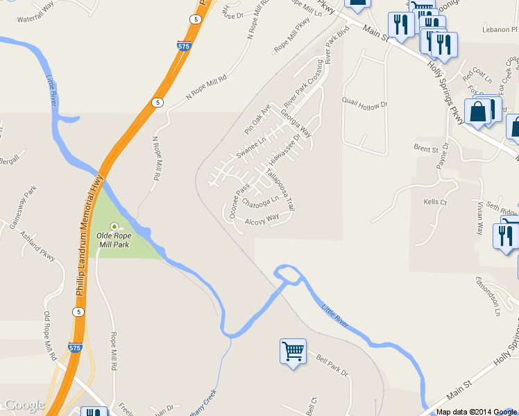 map of restaurants, bars, coffee shops, grocery stores, and more near 418 Chatooga Lane in Woodstock