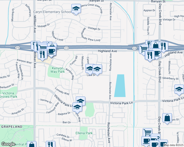 map of restaurants, bars, coffee shops, grocery stores, and more near 11855 Modena Drive in Rancho Cucamonga