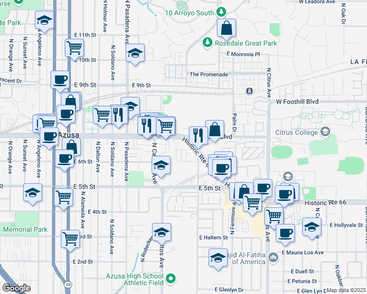 map of restaurants, bars, coffee shops, grocery stores, and more near 650 Cedarglen Drive in Azusa