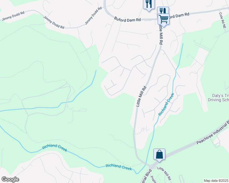 map of restaurants, bars, coffee shops, grocery stores, and more near 1710 Patrick Mill Place Northeast in Buford