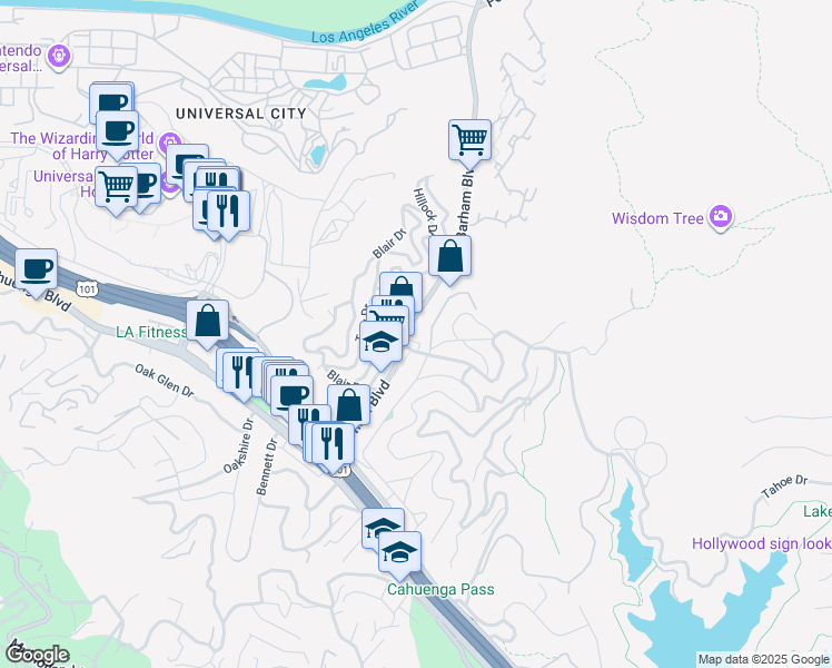 map of restaurants, bars, coffee shops, grocery stores, and more near 3384 Barham Boulevard in Los Angeles