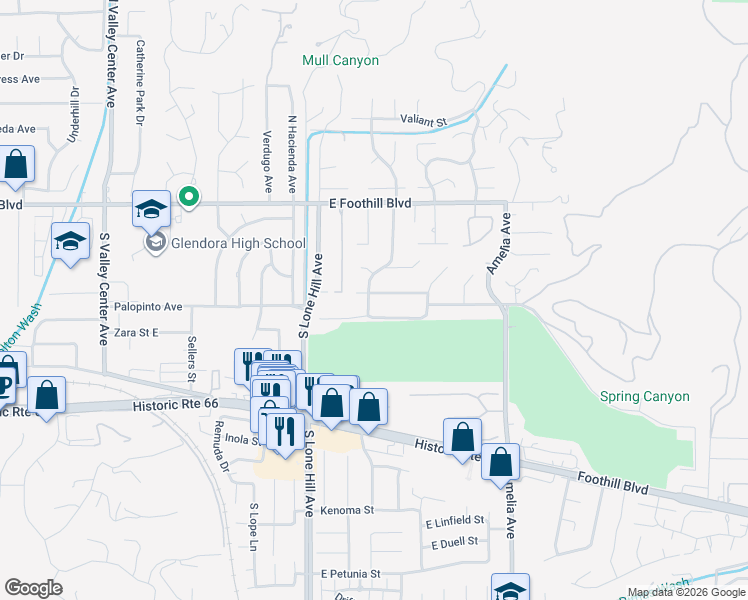 map of restaurants, bars, coffee shops, grocery stores, and more near 2026 Pinehurst Street in Glendora