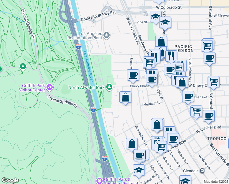 map of restaurants, bars, coffee shops, grocery stores, and more near 3900 Chevy Chase Drive in Los Angeles